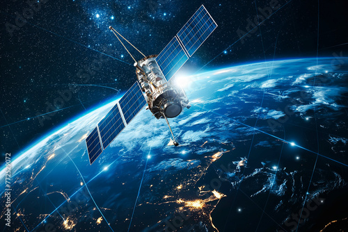 Internet network for fast data exchange over America from space, global telecommunication satellite around the world for IoT, mobile web, financial technology