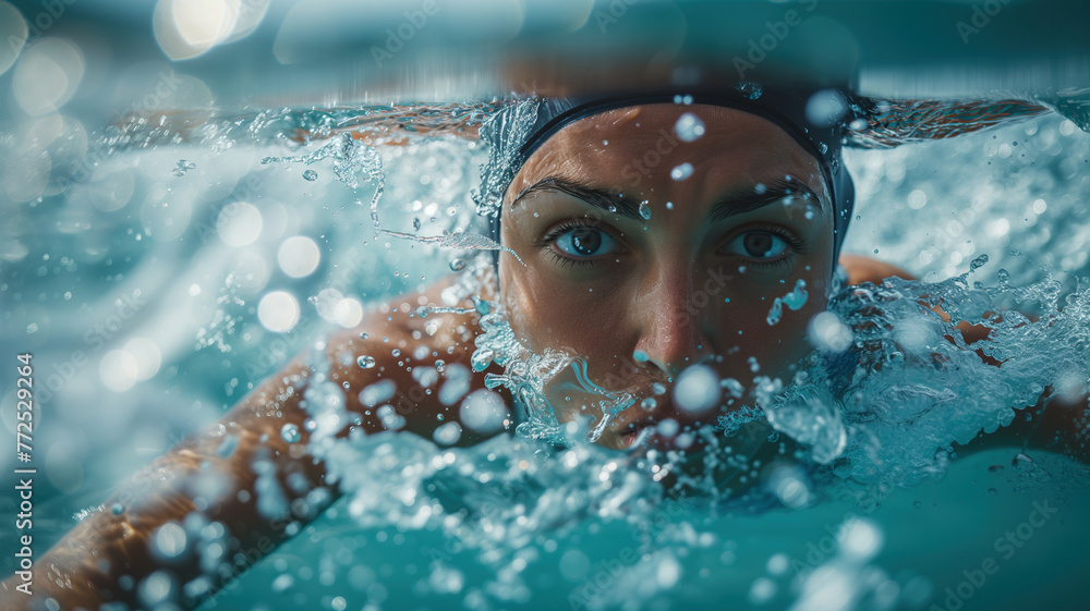 Portrait of a woman swimming underwater in a swimming pool Portrait of a woman swimming underwater in a swimming pool