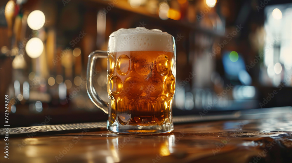 Close up view of a tankard of beer with a frothy white head standing on a bar counter in a pub with selective focus to the glass Close up view of a tankard of beer with a frothy white head standing on a bar counter in a pub with selective focus to the glass
