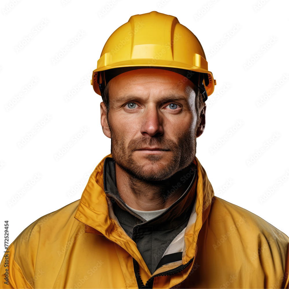 The engineer with facial hair is wearing a yellow hard hat and a matching jacket while on the worksite on transparent The engineer with facial hair is wearing a yellow hard hat and a matching jacket while on the worksite on transparent