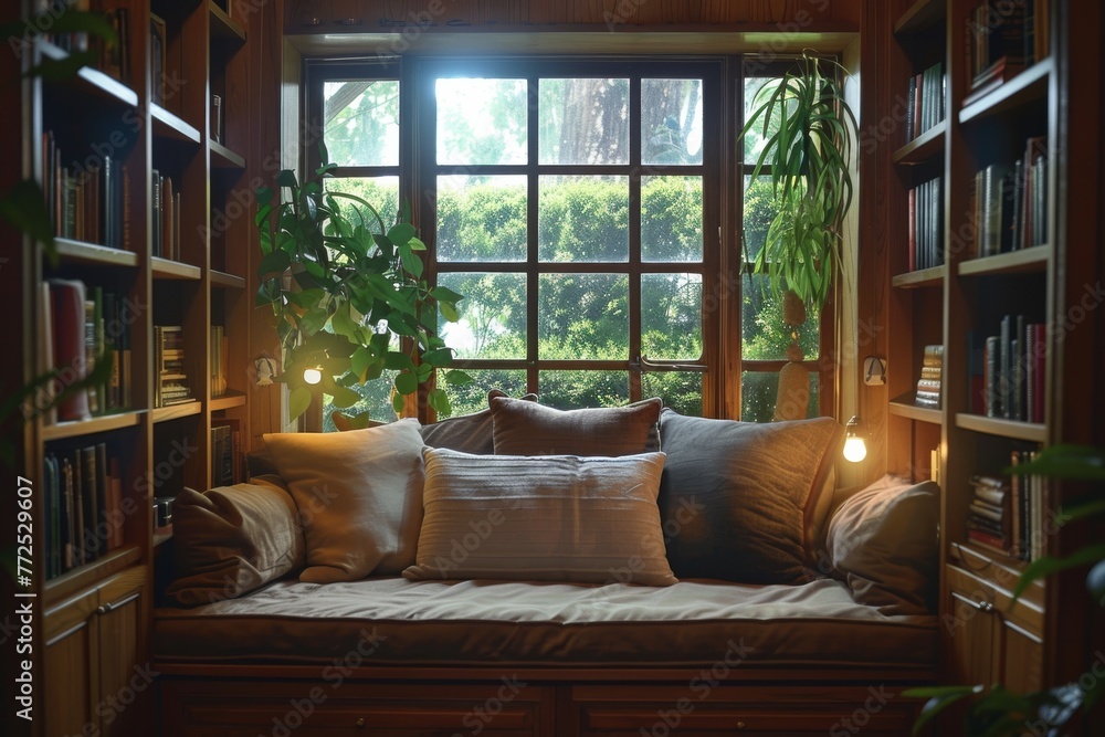 Fototapeta premium Tranquil Window Seat Reading Nook with Built-In Shelves and Plant Views