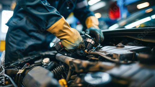 Cropped image of automobile mechanic repairing car in automobile store