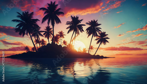 insel, palmen, Abendsonne, Sonnenuntergang, neu, modern, klein, tropisch, meer, hintergrund, copy space, vibrant, licht, sonne, himmel, schönheit, schön © jeepbabes