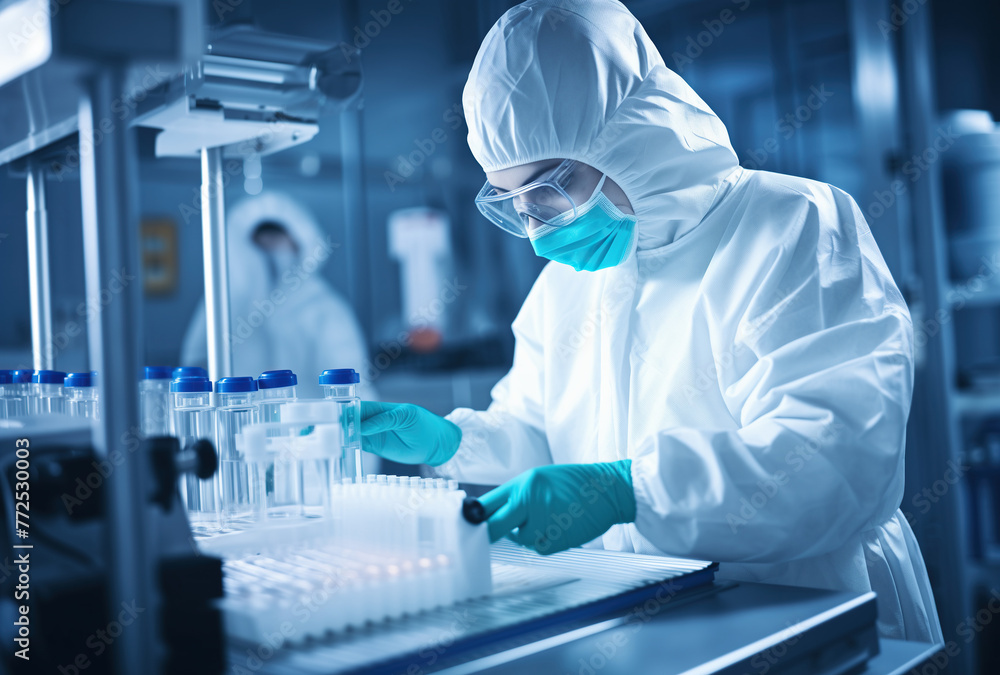 A female scientist dressed in overalls, gloves and glasses in a laboratory A female scientist dressed in overalls, gloves and glasses in a laboratory