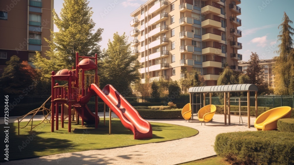 Modern complex of apartment residential buildings and children playground.
