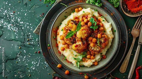 Top view of mouthwatering roasted cauliflower on a ceramic platter with mashed potatoes and seasoned harissa chickpeas against a backdrop of a green table. photo