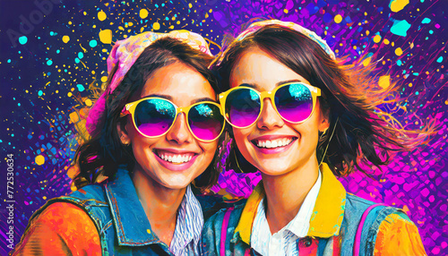 Vibrant pop art style portrait of a two smiling sisters wearing sunglasses with paint splattering effect. AI generated wallpaper.