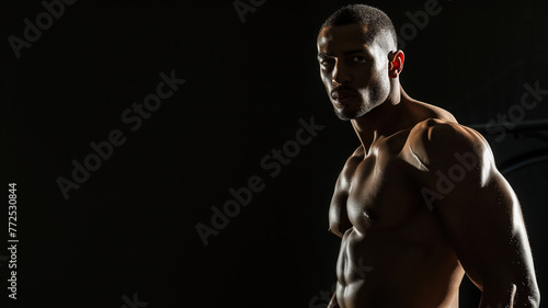 An athletic black man with a bare chest on a black background