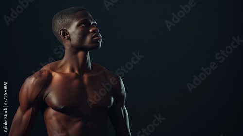 An athletic beauty black man with a bare chest on a black background