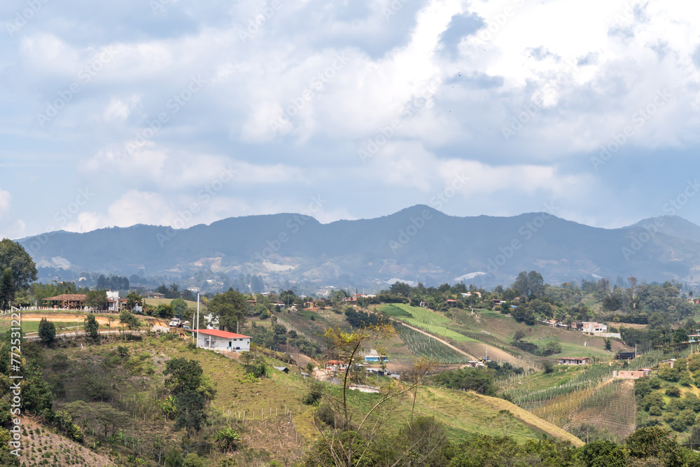 landscape of the mountains and farms of marinilla in colombia with a view of agriculture and livestock farming