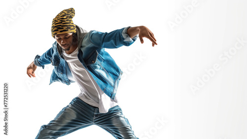 An hip hop dancer is dancing on a white background