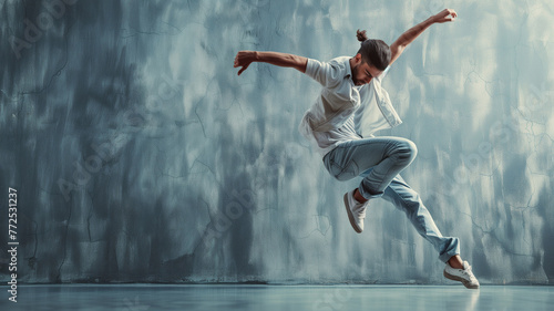 An hip hop dancer is dancing on a concrete background