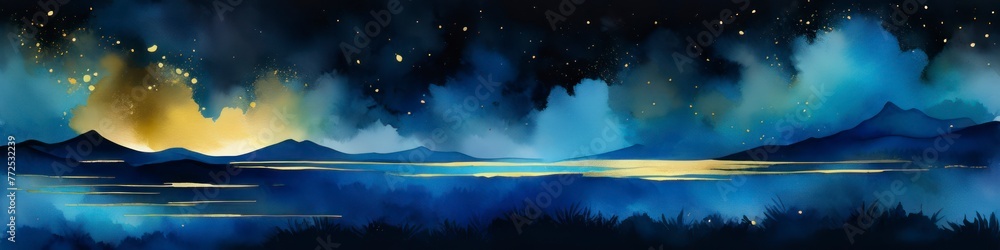 Fototapeta premium Watercolor blurred landscape in dark turquoise color with golden strokes. Abstract background for design, space for text. 