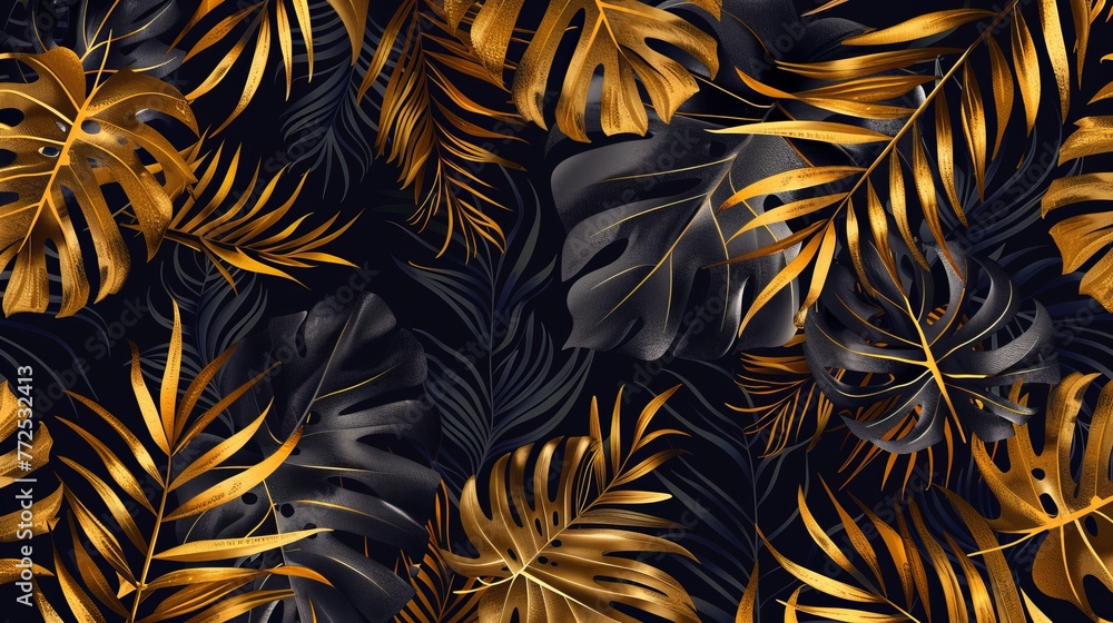 Tropical foliage in black and gold with a dark background comprise this seamless vector design. exotic background design with plants Tropical foliage in black and gold with a dark background comprise this seamless vector design. exotic background design with plants