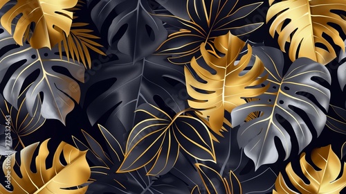 Tropical foliage in black and gold with a dark background comprise this seamless vector design. exotic background design with plants