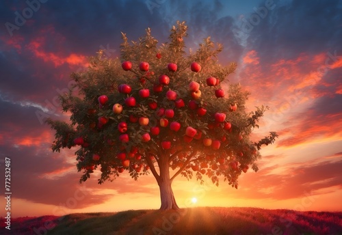 An apple tree at sunset  the sky ablaze with colors  red apples glowing as if lit from within  the air calm and serene  generative AI