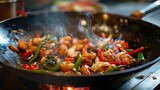 selective focus in a wok stir-fry