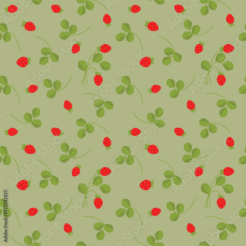 Floral seamless pattern with bright red color strawberry and green leaves.Spring summer cute background with juicy berries for printing on fabric and paper.Vector design for cover,card.