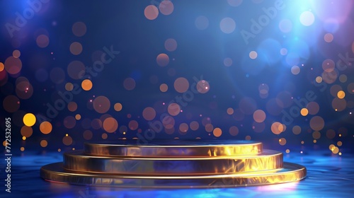 A golden, empty podium with bokeh decorations and light neon effects is placed against a blue background to replace the product.