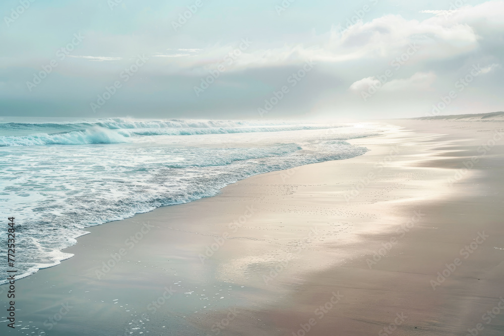 A painting of a beach with the ocean in the background A painting of a beach with the ocean in the background