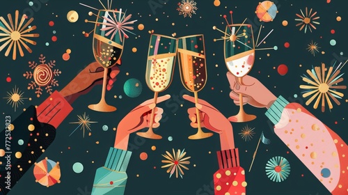 illustrations in the style of vibrant collages showing hands holding champagnes.