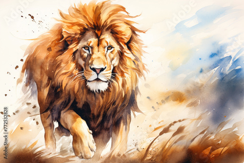 Simple watercolor illustration of a majestic lion with a mane flowing in the wind © Trollbee Production