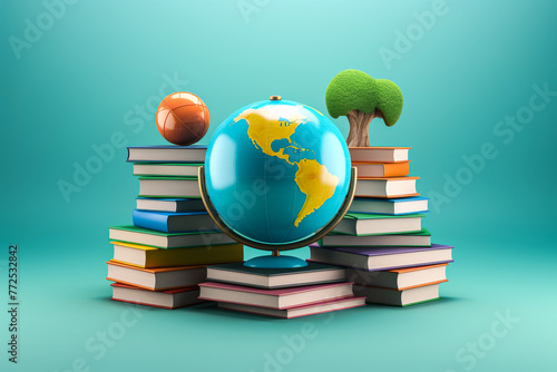 3D icon of a globe with books around it for global education © Trollbee Production