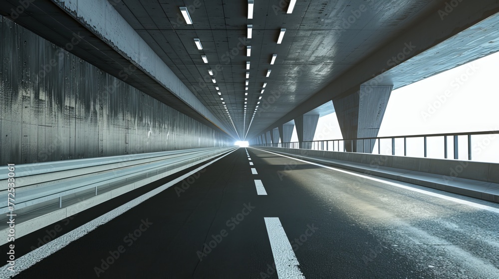 perspective of the highway's architectural tunnel and the deserted asphalt roadway