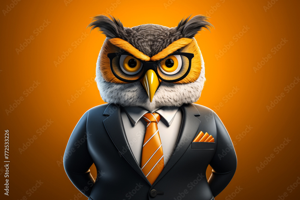 Simple 3D illustration of an owl in a business suit with a wise and professional appearance