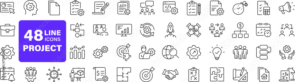 Management set of web icons in linear style. Project management icons for web and mobile app. Business, organisation management, planning, project, startup, marketing, teamwork. Vector illustration