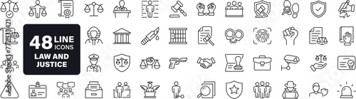 Law and justice set of web icons in linear style. Justice and law icons for web and mobile app. Legal documents. Law, judgement, prison, justice, court legal, lawyer, criminal. Vector illustration