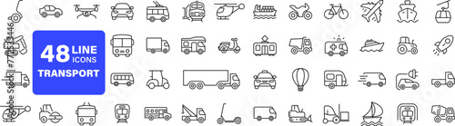 Transport set of web icons in linear style. Transport, vehicle and delivery icons for web and mobile app. Public transport, car, bike, train, bicycle, plane, bus, metro, ship, bulldozer, helicopter