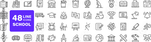 School set of web icons in linear style. Education and knowledge icons for web and mobile app. Back to school. Learning, classroom, students, online education. Vector illustration