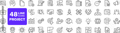 Management set of web icons in linear style. Project management icons for web and mobile app. Business, organisation management, planning, project, startup, marketing, teamwork. Vector illustration