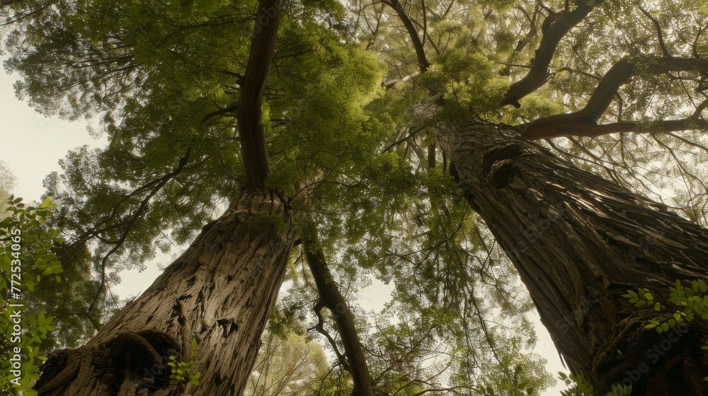 Fototapeta premium A row of towering trees, surrounded by a dense forest carpeted with verdant foliage