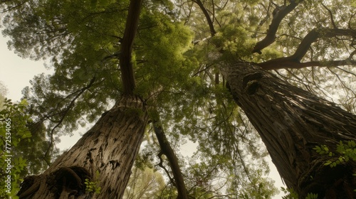  A row of towering trees  surrounded by a dense forest carpeted with verdant foliage