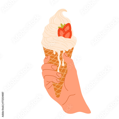 Hand holding an ice-cream in cone with strawberry. Tasty icecream, cold frozen summer dessert, sweet sugar dairy takeaway snack, food to-go. Flat vector illustration