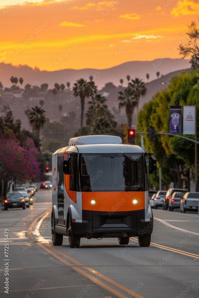 Fototapeta premium A self-driving electric bus travels along a road lined with palm trees, under a vibrant sunset sky