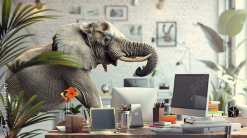 An elephant stands on its hind legs in front of a computer screen, showcasing its remarkable ability to balance and interact with technology