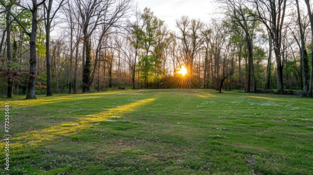  The sun illuminates the trees and grass in the distance, casting rays through the foliage in a green landscape