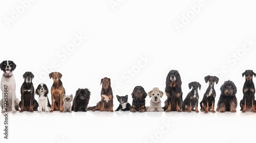 Cute dogs and cats over white horizontal website banner or social media header. Generative AI © JovialFox