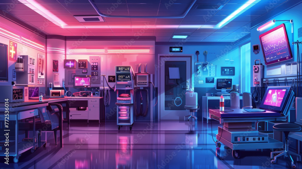A high-tech hospital room bathed in neon pink and blue lights, showcasing state-of-the-art medical technology and equipment for patient care A high-tech hospital room bathed in neon pink and blue lights, showcasing state-of-the-art medical technology and equipment for patient care