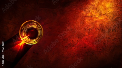 Top view of a glass of whiskey or scotch casting a long shadow on a dark red background.