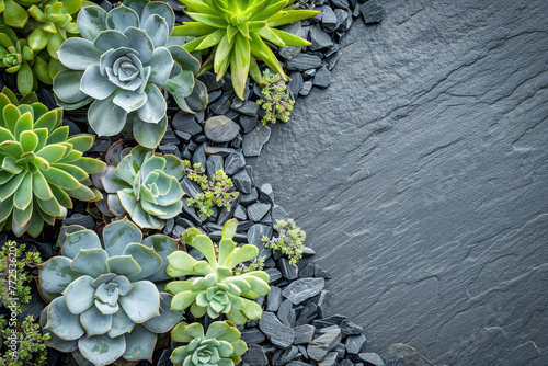 A collection of succulents and cacti are arranged in a rock garden photo