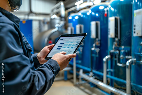 Modern factory process with team of service engineer in a water filtration control room and using a tablet computer to check process of raw water filtration for mineral water bottling production line