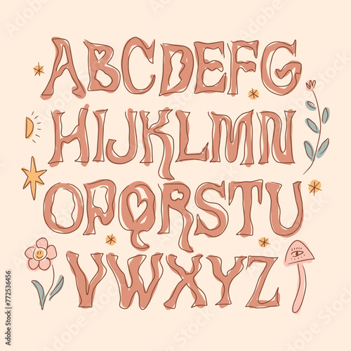 Hippie funky whimsical bohemian groovy postmodern funky font alphabet 1960s boho psychedelic mushroom style. Perfect for posters, collages, clothing, music albums and more. Vector clipart