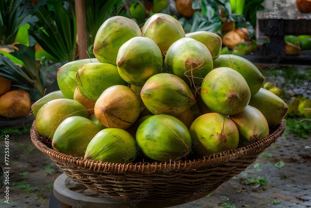 Basket overflowing with lush tropical coconuts, a bounty displayed