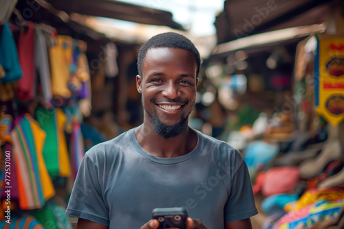 Portrait of smiling african man using mobile phone at a local market