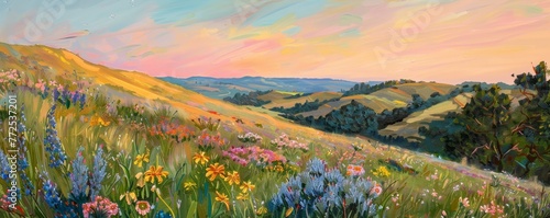 The Golden Hour Glow Over a Flourishing Hillside of Spring Wildflowers