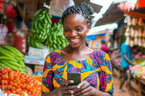 Portrait of smiling african woman using mobile phone at a local market